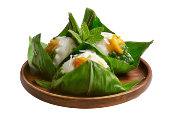 Saksak sago dumplings with banana and coconut, steamed in green banana leaves, placed on a wooden plate, isolated on white transparent background