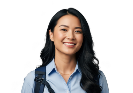 Smiling young asian woman with dark wavy hair wearing a blue collared shirt and a backpack isolated on transparent background