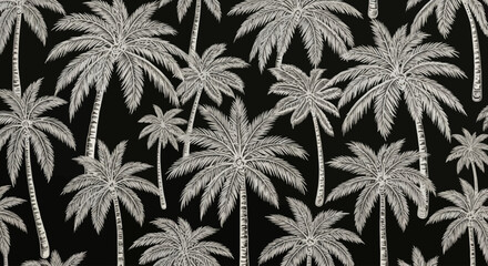 Monochrome vintage-style seamless pattern with detailed hand-drawn tropical palm trees on a black background © dale