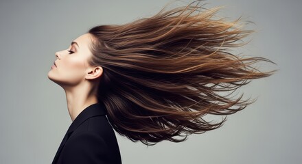 Fototapeta premium Asian female with flowing hair in motion against gray background