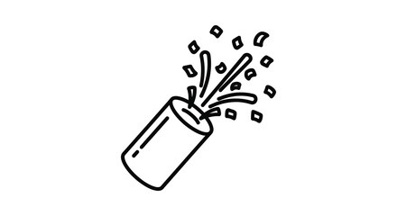 Hand drawn black and white illustration of a party popper exploding with confetti and streamers