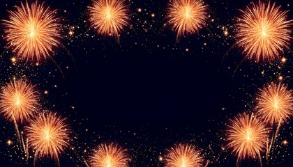 Fototapeta premium Sparkling Fireworks Border on Starry Night – Elegant Festive Frame Background with Central Copy Space for Holiday Greetings, New Year Cards and Party Flyers