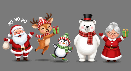 Festive Christmas characters including Santa Claus, reindeer, penguin, polar bear, and Mrs