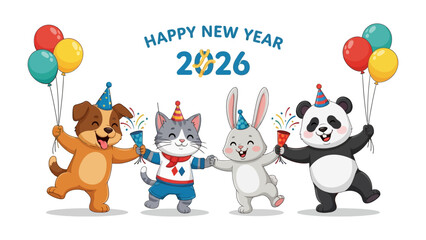 Naklejka premium New Year's Eve Animal Celebration: Animated animal friends join in cheerful unison to celebrate the New Year with party hats, confetti and balloons, symbolizing friendship, togetherness, and joy. 