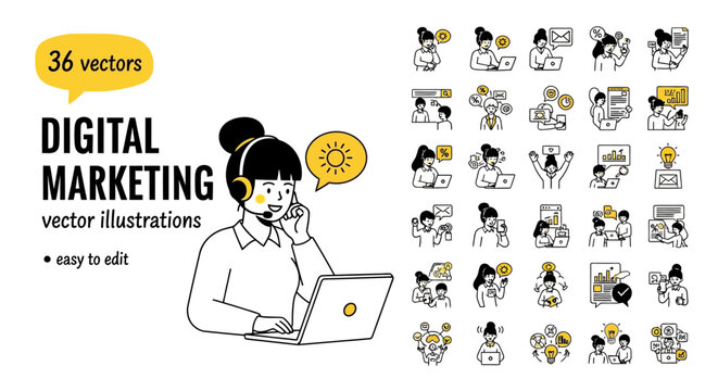 Digital Marketing Vector Illustrations Diverse Scenarios for Business Growth and Online Presence