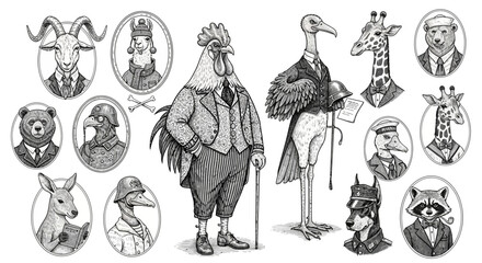 A unique and whimsical collection of anthropomorphic animals dressed in vintage human clothing, presented as portraits