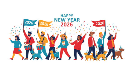 New Year's Celebration 2026: A vibrant crowd of people joyously welcoming the New Year 2026 with confetti, flags, and an optimistic atmosphere.
