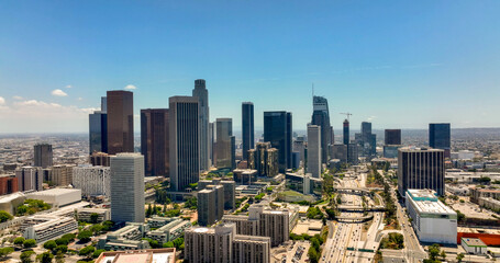 Aerial panorama of Los Angeles city skyline with skyscrapers. Drone shot of downtown Los Angeles. Wide drone panorama of Los Angeles. © Volodymyr
