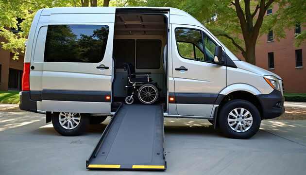 Silver accessible van extended ramp for easy wheelchair access. Mobility chair inside. Modern transport supports disabled persons freedom. Provides independent travel, comfort for people. Adaptive