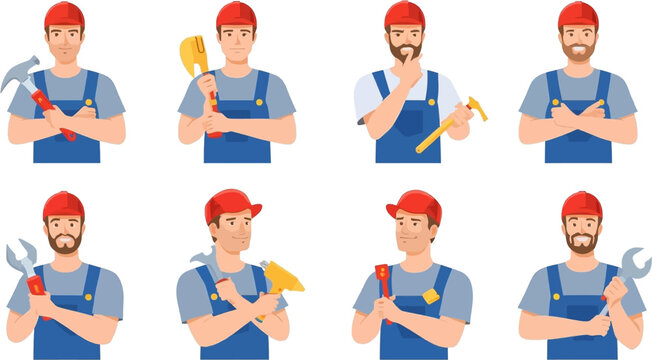 Diverse construction workers showcasing various tools, each wearing a red hat and blue overalls, ideal for illustrating building and repair themes.