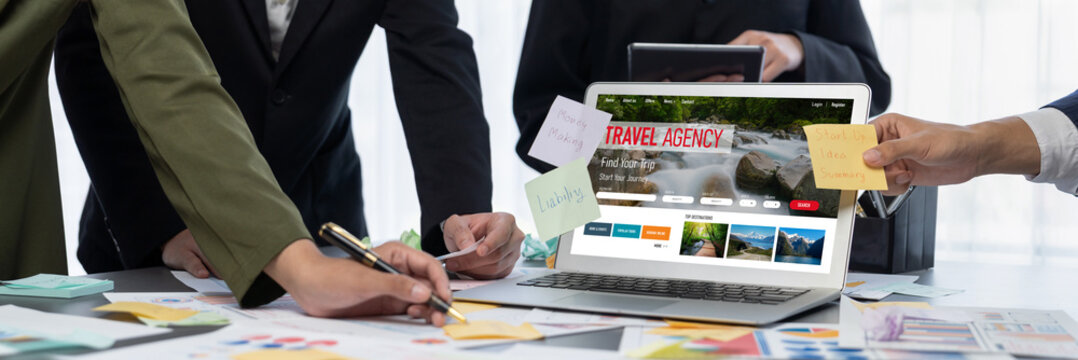 Analyst team use sticky note for creative and analytic brainstorm for business idea with BI data dashboard on laptop screen. Analysis financial data visualization tech for marketing strategy. Prodigy - Powered by Adobe