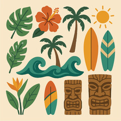 Hawaiian Beach Lifestyle Vector Icons with Waves and Hibiscus