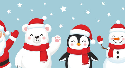 Christmas Characters and Winter Fun Santa, Polar Bear, Penguin, and Snowman Celebrate the Season