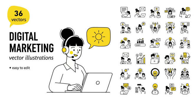 Digital marketing vector illustrations of people working and concepts related to business growth and online strategy