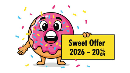 Obraz premium Sweet Offer: A whimsical illustration showcases a charming donut character joyfully holding a sign advertising a special discount offer, surrounded by colorful confetti. 