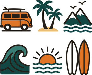 Surfer’s Paradise Illustration Pack with Palms, Vans and Waves