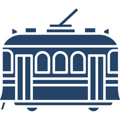 Dark Blue Vintage Tram Silhouette Isolated on White Background, Classic Public Transportation Vehicle Design Element