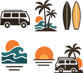 Coastal Travel Adventure Vector Set with Surfboards and Palms