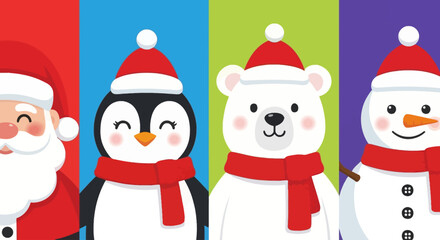 Festive cartoon illustration with Santa Claus, penguin, polar bear, and snowman characters. Ideal for winter holiday designs and cheerful seasonal greetings