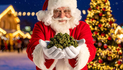 Santa Claus holding cannabis buds in his hands during the Christmas season