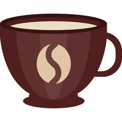 Dark brown coffee cup with creamy beverage inside showcasing a light brown coffee bean symbol on its side with a transparent background