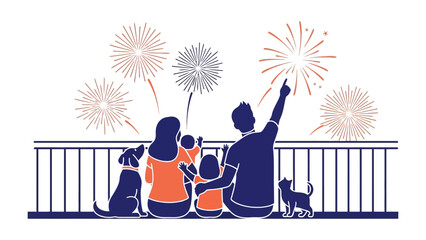 Family's Festive Fireworks Spectacle: A family, united and enthralled, gazes upward at a dazzling display of fireworks, complemented by the presence of their loyal pets