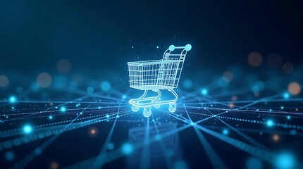 AI brain cluster and holographic shopping cart: Modern vector illustration showing an ethereal network optimizing routes for personalized marketing messages and real-time product placement with ample 