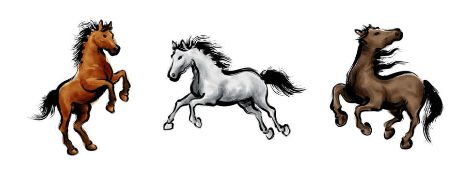 馬の筆書き墨絵ベクターカラーイラスト