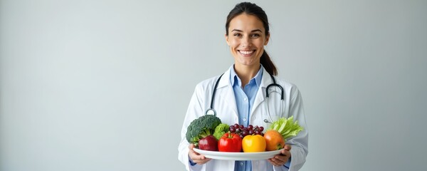 Smiling female doctor wears stethoscope, holds white plate with fresh fruits and vegetables. Dietitian offers healthy food choices for balanced diet and wellness.