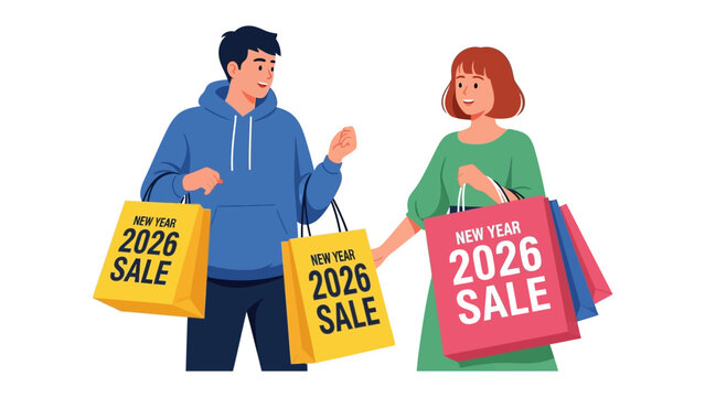 New Year Shopping Spree: A cheerful couple, bags laden with purchases, are engrossed in the delightful world of year-end sales, epitomizing the festive season's shopping fervor. 
