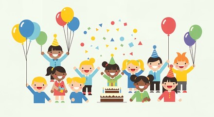 Diverse Group of Happy Children Celebrating Birthday Party with Balloons and Cake.