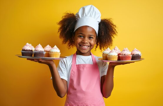 Young chef girl with afro hair wears chef hat apron. She proudly holds trays with cupcakes. Smiling kid shows off her baking skills. Sweet treats for party or celebration. Yellow studio background.