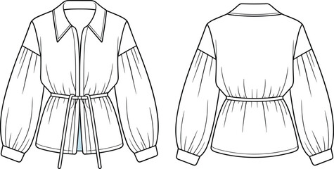 Women's blouse flat fashion CAD sketch, long puff sleeve top vector, tied waist shirt technical drawing template mockup design