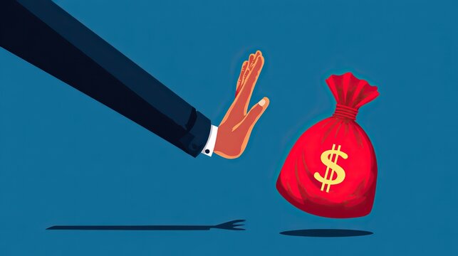 Flat vector illustration of a business hand refusing a red money bag with dollar sign, symbolizing anti-bribery and integrity for International Anti-Corruption Day concept on blue background