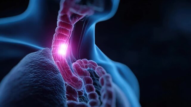Abstract medical illustration depicts intestines with glowing areas, within a blue-tinged body