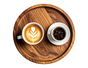 Coffee art and beans in espresso on a wooden tray