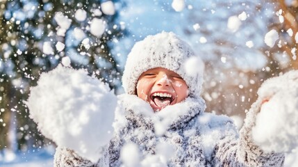Joyful child playing in snow, laughing with open mouth, surrounded by flying snowballs on a bright winter day.