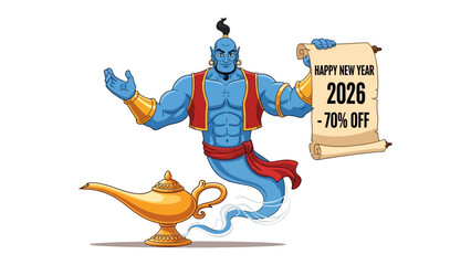 Genie's New Year Wish: A magical genie with a mystical oil lamp extends a scroll announcing Happy New Year 2026 -70% OFF, conjuring excitement for the coming year