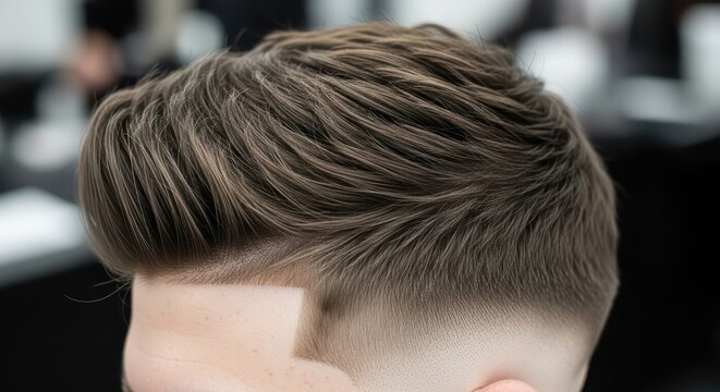 Stylish caucasian male young's textured fade haircut with sharp lines
