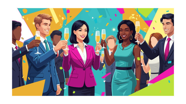 Celebration Toast: A diverse group in formal attire, raise glasses of champagne together for a festive toast, surrounded by colorful confetti, symbolizing joy and accomplishment.