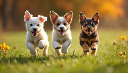 Three joyful puppies run together across a sunny, grassy field. Their happy expressions and playful energy are captured in this outdoor scene. They seem excited to explore and play in nature.