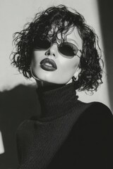 Fashion Editorial Portrait: A female model, wearing dark sunglasses, long neck shirt. Smokey make-up. Elegant. black and white image.	