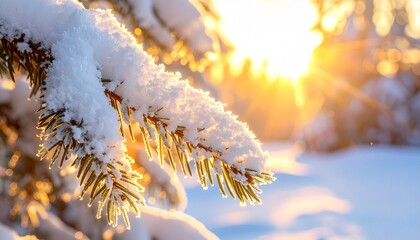 Snow-covered pine branch with golden sunlight and serene winter forest atmosphere.