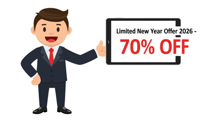 Special Offer Promotion: An illustrated businessman presents a promotional offer on a tablet with a thumbs-up gesture.