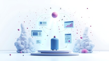 AI-powered product launch ecosystem: Flat illustration showing a central product, surrounded by holographic SEO keywords and personalized social media ads, all managed by an abstract AI entity.