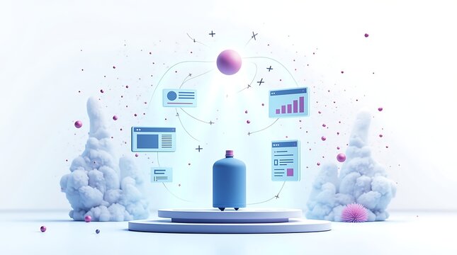 AI-powered product launch ecosystem: Flat illustration showing a central product, surrounded by holographic SEO keywords and personalized social media ads, all managed by an abstract AI entity. - Powered by Adobe