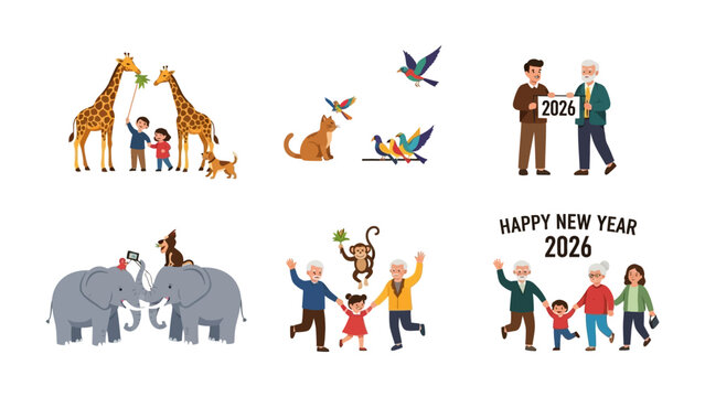 New Year's Illustration: A heartwarming illustration portraying the joyful celebration and unity of New Year 2026. This festive graphic captures various elements like family, animals.