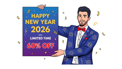 New Year Promotion: A smartly dressed individual proudly showcases a vibrant promotion poster, beckoning viewers with an irresistible New Year offer of 60% off for a limited time.