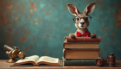 Smart kangaroo wears glasses and bow tie, peeking over stack of old books. Map and spyglass on wooden desk. Animal is curious and ready for adventure or new discoveries.