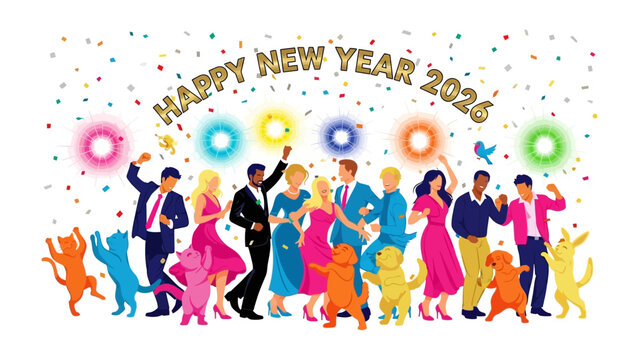 New Year Festivity: A vibrant scene erupts as the New Year 2026 is celebrated, where silhouettes of people and pets revel amidst a cascade of colorful confetti and joyous lights.